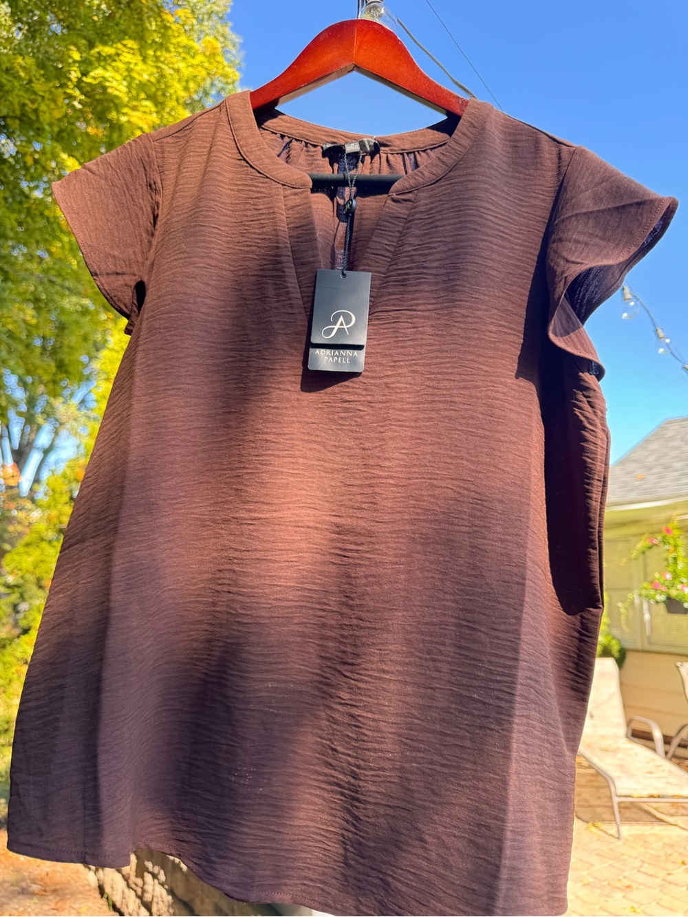 Adrianna Papell Chocolate Brown Textured Flutter Sleeve Blouse
